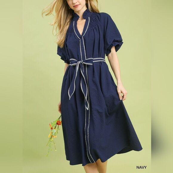 Umgee Women's Quite Luxury Ruffle Collar Belted Midi Dark Blue Dress Stripe Trim - Picture 3 of 5